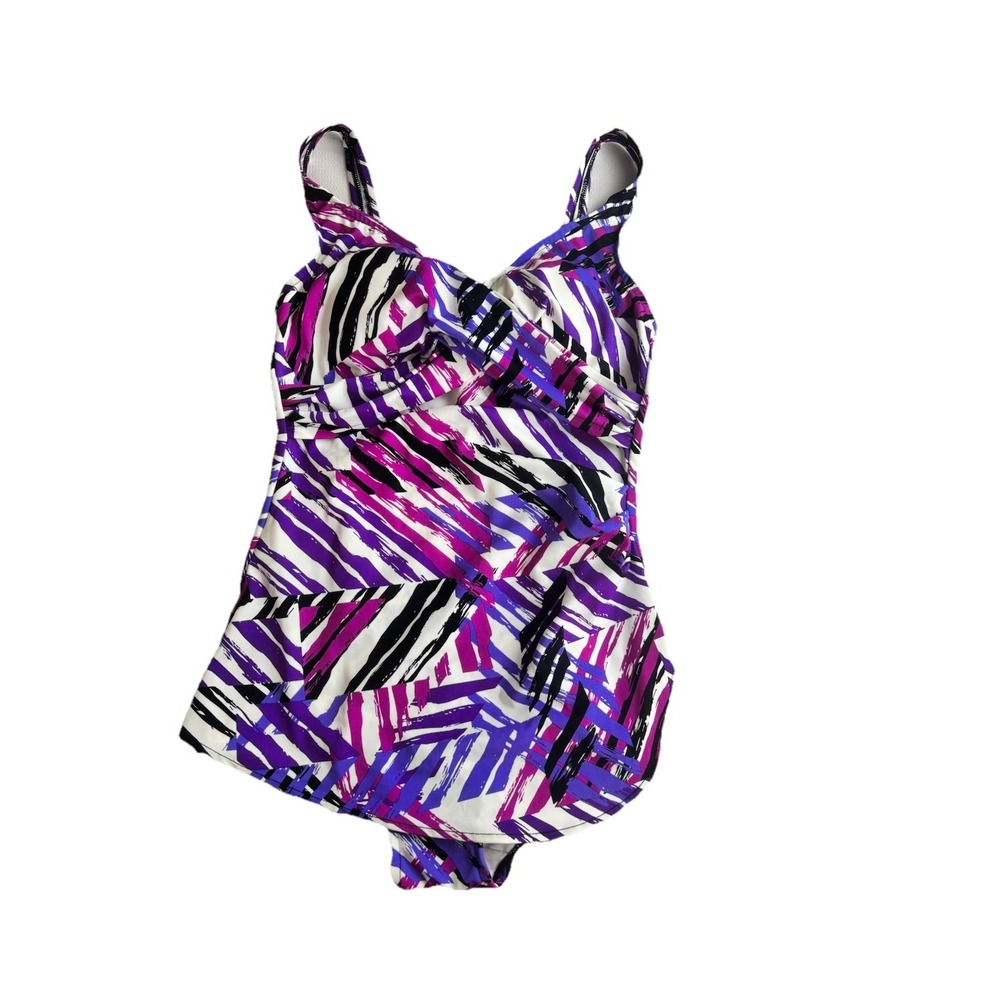 Trimshaper Womens Purple Abstract One Piece Swimsuit Tummy Control Size 12
